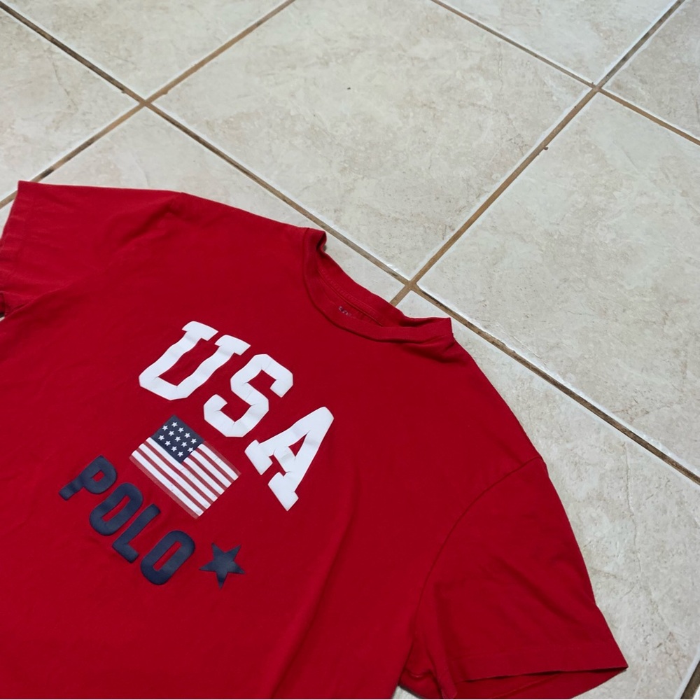 Polo Ralph Lauren Shirt Medium Red Short Sleeve Single Stitch USA American Flag